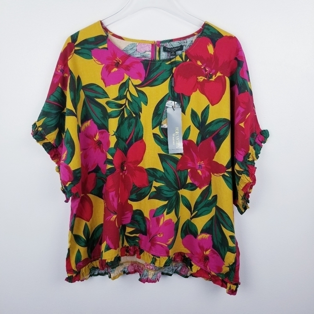 Linen Blend Floral Ruffle Top by For Cynthia NWT 2X